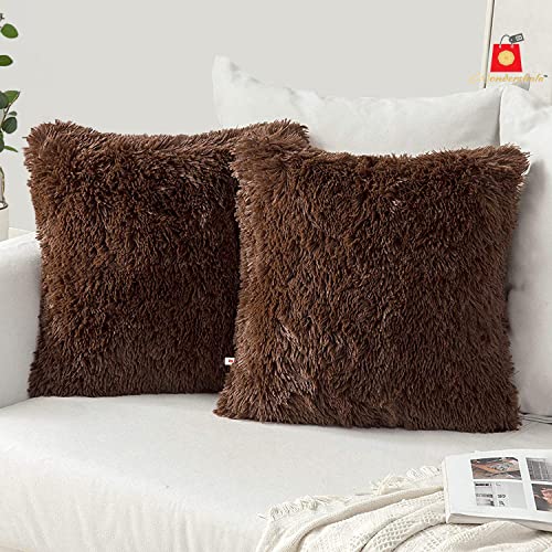 Image of Brown Faux Fur Throw Pillow Cover 30x30Cm, Soft Fleece Pillow Zipper Closure For Bed Decor Couch Bedroom Sofa- Pack of2