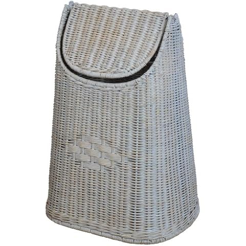 Papierkorb aus Rattan geflochten mit Schwingdeckel Farbe Vintage Weiß Cover