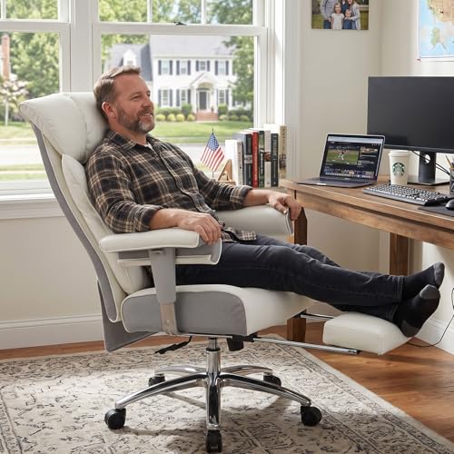 Image of Efomao Big and Tall Executive Office Chair 400lbs - White Desk Chair for Women with Footrest, 24 inch Wide Ergonomic Pocket Spring Cushion Seat, Heavy Duty Computer Chair for Home Office, Gaming