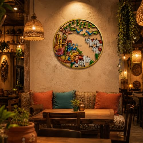 Image of iHandikart Krishna Radha Metal Wall Art for Living Room | Handmade Round Wall Sculpture with Peacock & Cow Design | Traditional Decorative Wall Hanging for Home, Bedroom, Hall & Office | 25 * 25 Inch