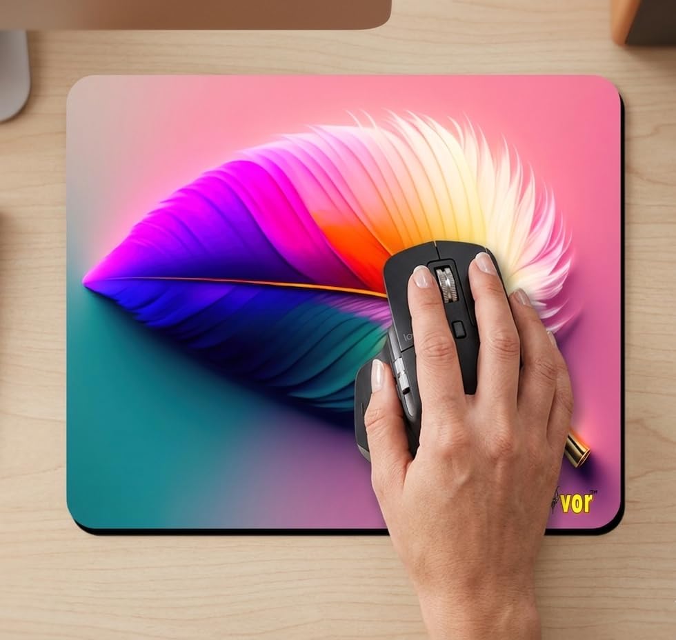 Image of Shivor Designer Mouse Pad | Rainbow Feather Printed Design | Smooth Cloth Surface for Precision Control | Heat Resistant Non Slip Rubber Base | Compatible with Laptop Computer Desktop PC Gaming Use