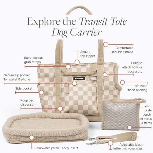 Cleverpup Transit Tote Dog Carrier for Small Dogs Under 8 lbs, 16x11x8 Soft-Sided 4-Pc Set with Waterproof Base, Plush Insert, Food Pouch, Mesh Head Opening - Small, Checkerboard - Image 5