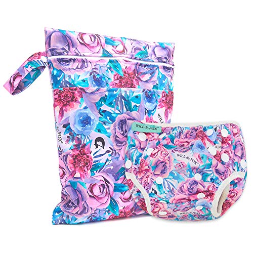 Image of Reusable Swim Diaper & Wet Bag for Babies, Infants & Toddlers 0-2 Years Adjustable Girls Swimming Diaper & Water Resistant Swim Bag – Floral – 1 Pack by Will & Fox