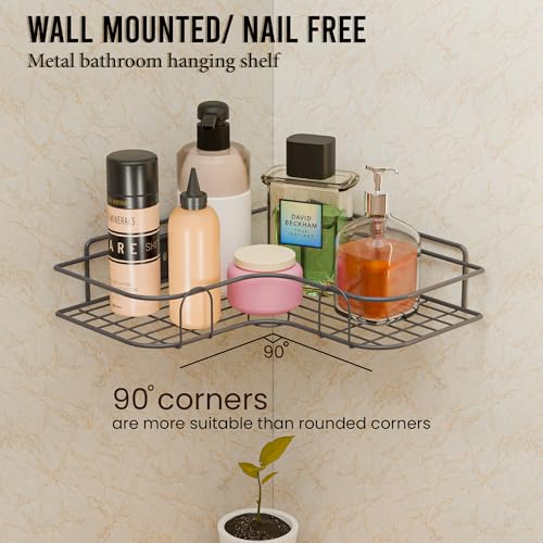 Image of Kuber Industries 4 Pcs Metal Self Wall Adhesive Bathroom Organiser with Drill Screws | Bathroom Corner Shelves /Rack & Stand | Grey