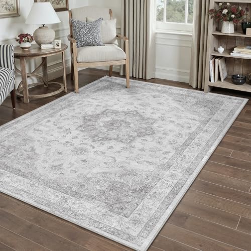 PureCozy Gray Area Rug 4x5 Washable Vintage Carpet Entryway Office