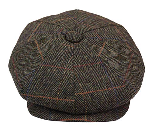 Mens 8 Panel Hat Flat Cap Newsboy Grandad Tweed Check Vintage Baker Boy Green X-Large #TOP14