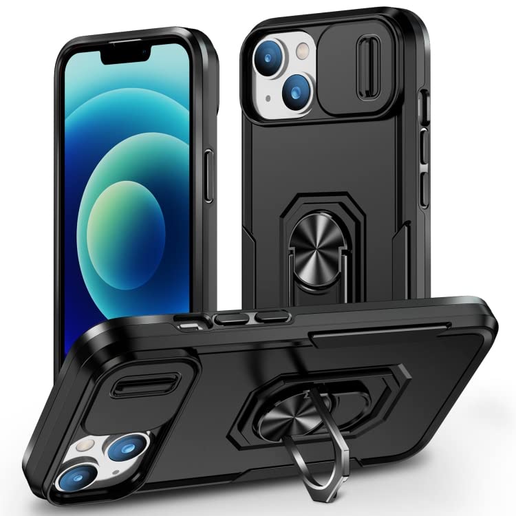 Image of Polycarbonate Back Cover Case Compatible for Apple iPhone 15 Plus with Slide Camera Cover & Rotated Ring Stand | Military Grade Mobile Phone Cover Case for Apple iPhone 15 Plus (Black)