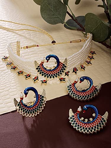 ZAVERI PEARLS Multicolor Meenakari Peacock Inspired Multistrand Pearls Choker Necklace Earring & Ring Set For Women-ZPFK14436 - Image 3