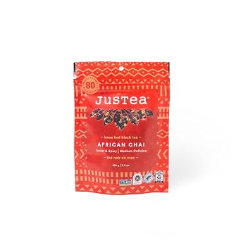 JusTea AFRICAN CHAI Loose Leaf Black Tea, 40+ Cups Pouch, 3/5 Caffeine