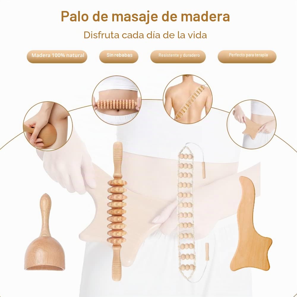 Juego de 9 herramientas de masaje de madera terapéutica para el modelado del cuerpo, kit Maderoterapia para drenaje linfático anticelulítico, juego de copas y rodillos de masaje curvados de madera