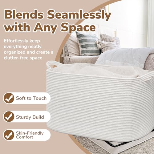 Image of Goodpick 105L Extra Large Woven Rope Blanket Basket, Rectangle, White