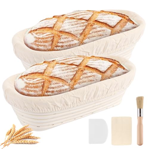 LOPYXBR 2 cestini ovali per lievitazione, 28 cm, per pane, con spazzola e spatola in plastica, per panettieri professionali e casalinghi, marrone chiaro, rattan naturale
