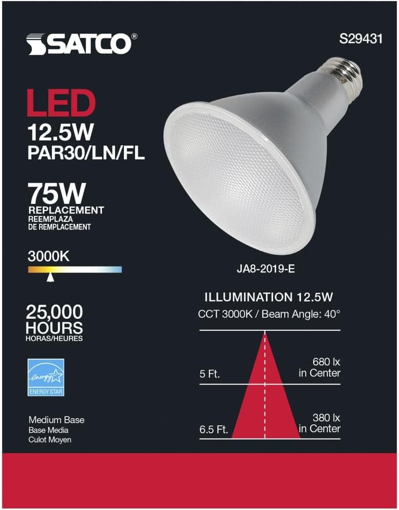 SATCO S29431-12.5 Watt PAR30LN Long Neck Flood LED Light Bulbs - 3000K - 40 deg. Beam Angle - 120 Volt (6 Pack)