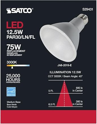 SATCO S29431-12.5 Watt PAR30LN Long Neck Flood LED Light Bulbs - 3000K - 40 deg. Beam Angle - 120 Volt (6 Pack)