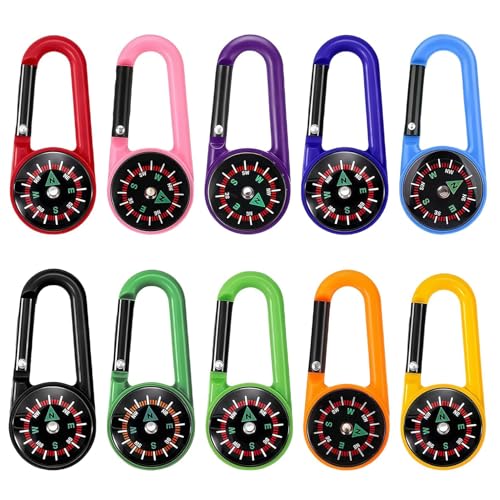 Mailfull 10 piezas de brújula para niños con mosquetón de colores, mini brújula llavero para navegación al aire libre, camping, orientación y supervivencia