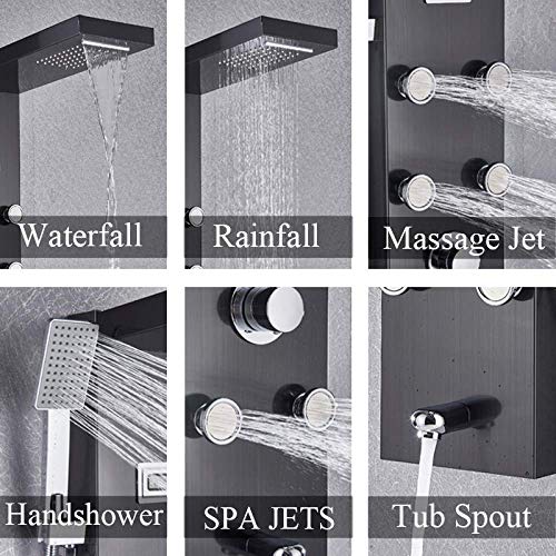 Juego de Ducha Termostática para Baño, Columna de Ducha Negra con Cabezal Lluvia y Cascada, Panel de Ducha con Control Digital de Temperatura y 5 Funciones miniatura 3