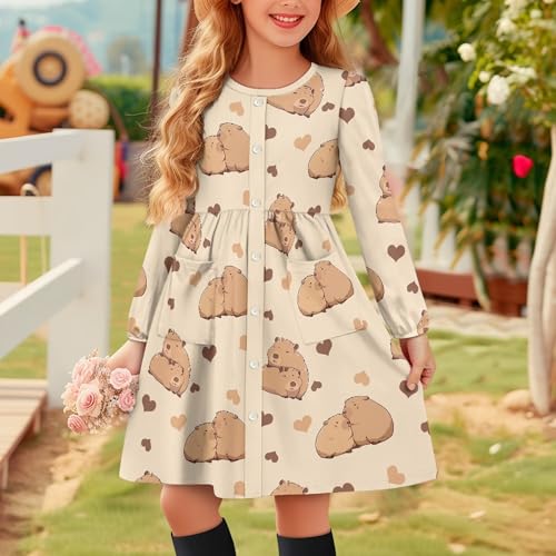 Dress for Girls Fall Comfy Cute Graphic Flowy Swing Dresses Casual Long Sleeve Elegant Party Midi Button Down Deress3