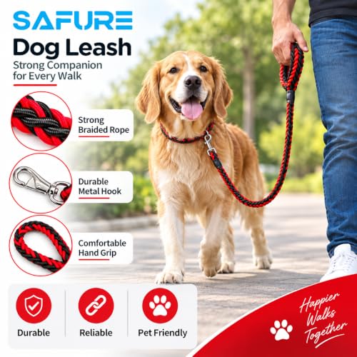 Image of Dog Leash Heavy Duty, Braided Nylon 120 cm Long and 3 cm Wide Dog Belt for Large Dogs and Medium Dogs, Walking Rope with Loop Handle and Swivel Metal Hook (Red and Black)
