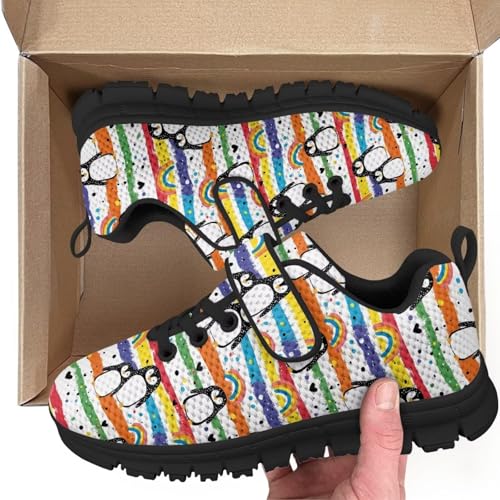 Boys Girls Sneakers Kids Breathable Lightweight Strap Tennis Athletic Running Shoes Penguin Rainbow Pattern（Black Sole）2