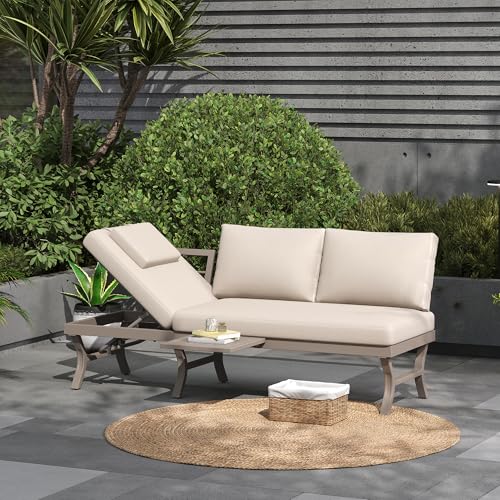 Canapé de jardin 3 places inclinable beige avec table basse réglable