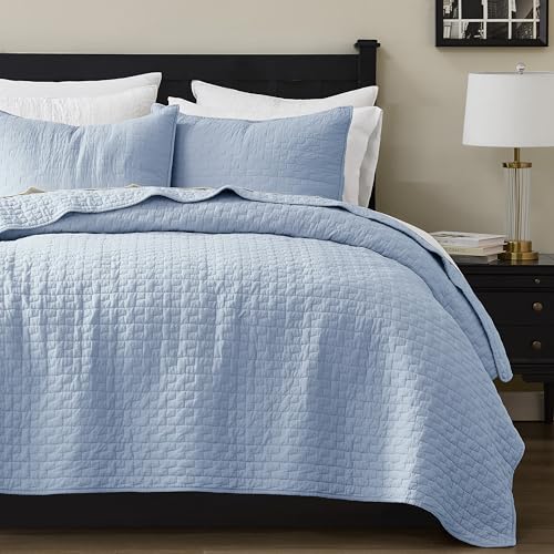 Image of PALASSIO Baby Blue 100% Cotton Quilt Queen Size Bedding Sets with 2 Pillow Shams, Textured Lightweight Soft Bedspread Shabby Chic Coverlet, Neutral Quilted Comforter Bed Cover for All Season, 3 Pieces