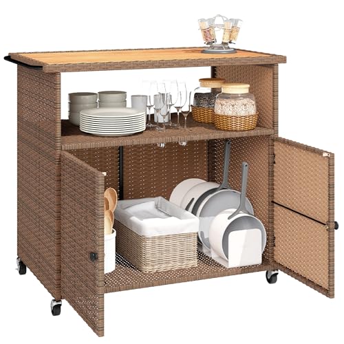Outsunny Chariot de service en rotin avec plan de travail en bois d'eucalyptus FSC, compartiment de rangement, roulettes, poignée latérale, chariot de bar,...