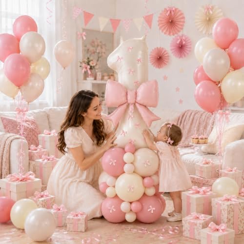 Image of 40 Inch Pink Beige Number 1 Balloon Tower with Bow 1st Birthday Decorations