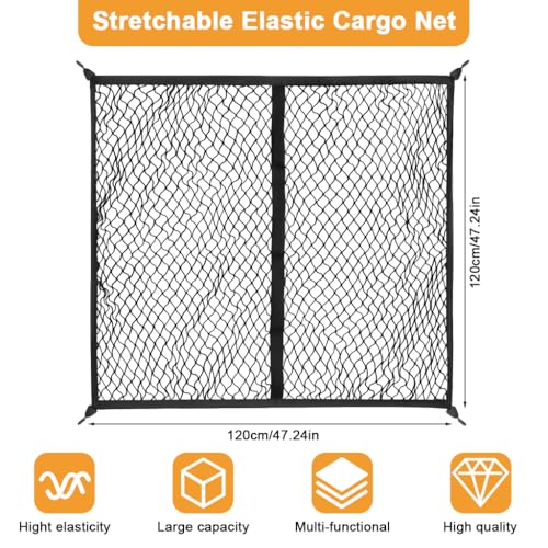 Image of STHIRA Truck Bed Cargo Net with 4 Hooks, Heavy Duty Stretch Mesh Cargo Net for Pickup Truck Bed, Elastic Load Restraint Net for Load Securing, Travel Gear, Equipment and Outdoor Transport, 120x120cm