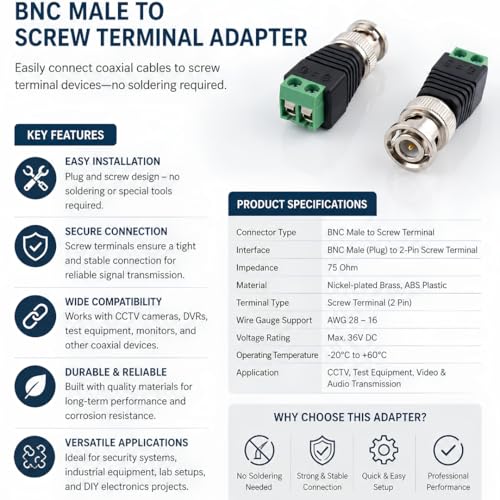 Image of WIRESLAB BNC Male Connector with Screw Terminal, Green, for CCTV Camera, DVR, NVR, Pack of 10