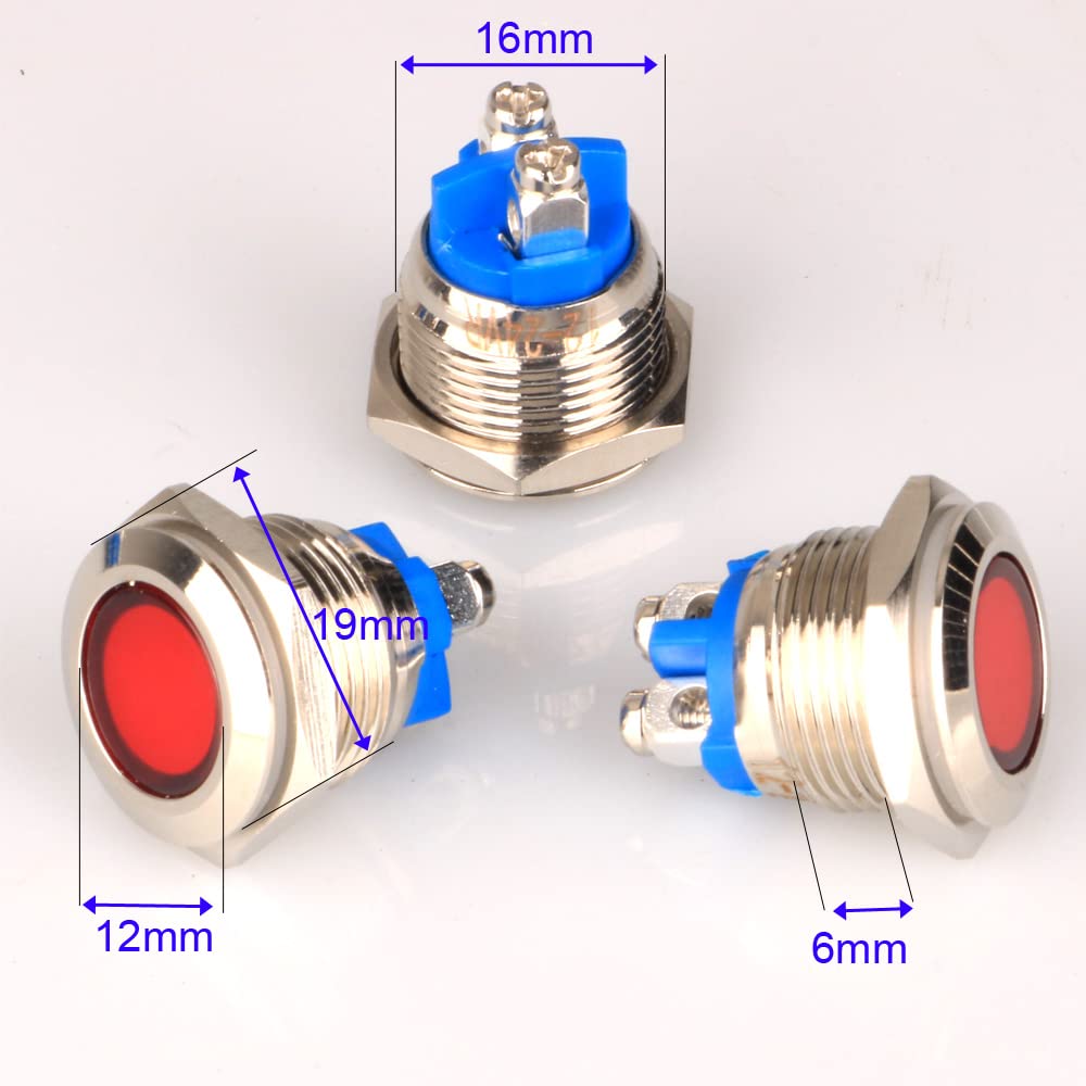 GUUZI 5 pezzi 12V-24V 16mm LED Indicatore Luminoso in Metallo Lampada di Segnalazione Impermeabile con Cavo(Rosso)