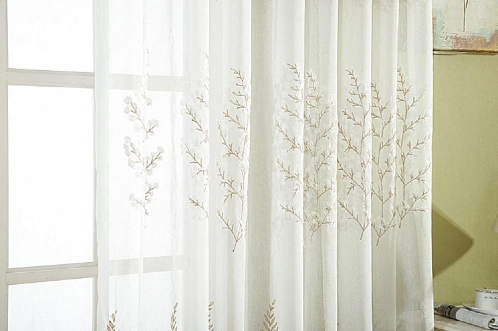 HooHero White Modern Style Pine Tree Pattern Embroidered Semi Sheer Curtains Home Decoration Rod Pocket Top Style for Kids Nursery Room Bedroom