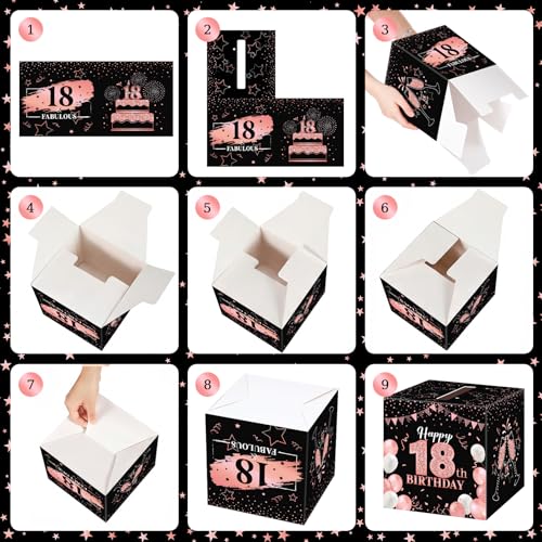 Image of Funrous 18th Birthday Party Message Card Box Cheers to 18 Years Black Rose Gold Advice and Wishes Greeting Card Box for Girls Women Birthday Decorations Party Supplies Anniversary Tables Sign Decor