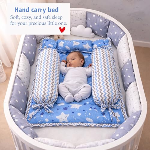 Image of Fareto Combo of Baby Bed with Net | Carry Bag | 4 Pcs Bedding Set (0-6 Months, Baby Size, Cotton) (Cloud Blue)