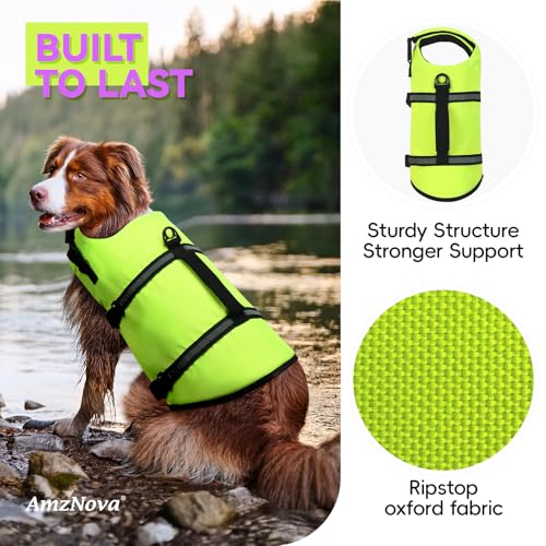 AMZNOVA Rip Stop Hundeschwimmweste, Schwimmweste Hund für Bootfahren, Auftrieb & Schwimmhilfe, Rettungsweste, XS, Leuchtend Gelb