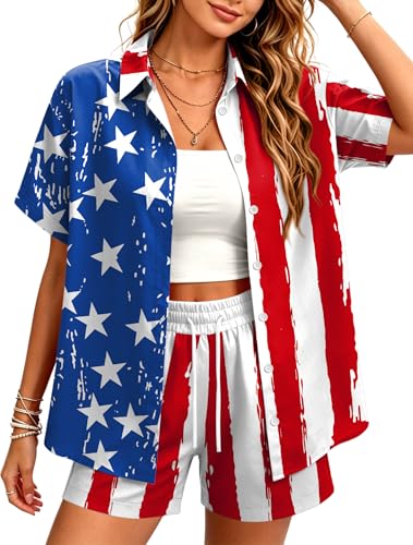 Image of Women 4th of July Outfit 2 Piece Set Short Sleeve Button Down Shirt and Shorts American Flag USA 250th Anniversary