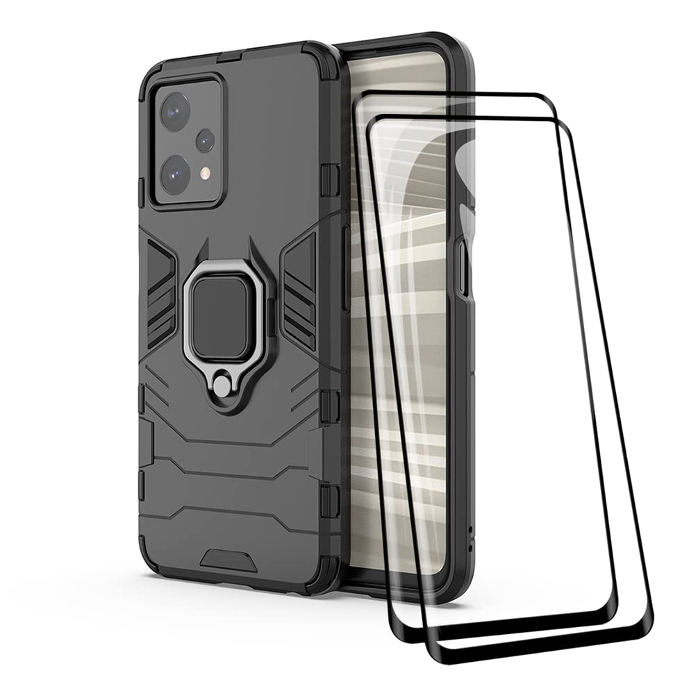 TANYOPhone Case + Screen Protector [2 Pack] for OPPO Realme 9 5G / Realme 9 Pro, TPU/PC Heavy Duty Shockproof Armor Protective Cover [360° Bracket] with Tempered Glass Screen Protector, Black