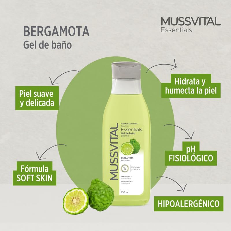 MUSSVITAL Essentials Bergamot Bath Gel 750 ml, pH 5.5 Physiological, with Panthenol, Gentle Washing Base, Daily Skin Cleaning, Body Hygiene - 4