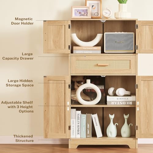 Image of TEENFON 47.2 inch H Tall Storage Cabinet with Adjustable Shelf, Rattan Cabinet, Cupboard for Living Room, Dining Room, Entryway, Home Office, Natural