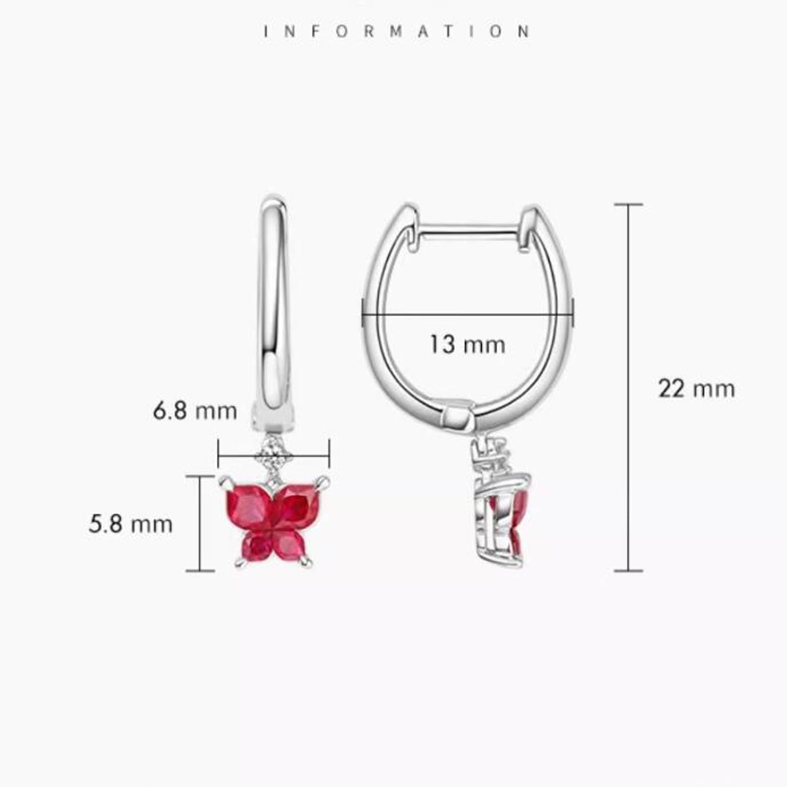 Damskie kolczyki na sztyfcie, nowoczesne motyle, rubin 0,8 ct; diament 0,03 ctGold, wiszące kolczyki damskie dla dziewczyny, białe złoto 14 K, modna biżuteria na Dzień Matki