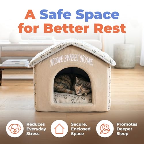 Image of Best Pet Supplies Cat Bed for Indoor Cat, Domed Tent House with Removable Pillow, Covered Cat Cave for Small Dog, Puppies and All Breeds of Cats - Light Brown w / Bones, 16 x 16 x H:14 inch