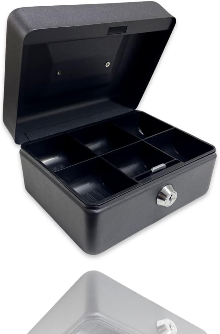 Requisite Needs Metal Money Box Tin 6" Steel Cash Safe Box Petty Cash Deposit Tin with Lock 2 Keys for Security (BLACK)