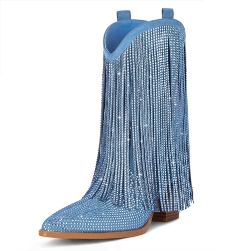 Image of Ouepiano Cowboy Boots for Women - Cowgirl Rhinestone Boots with Sparkly Fringe Pointed Toe Western Boot Chunky Heel Pull-On Wide Calf Botas Vaqueras