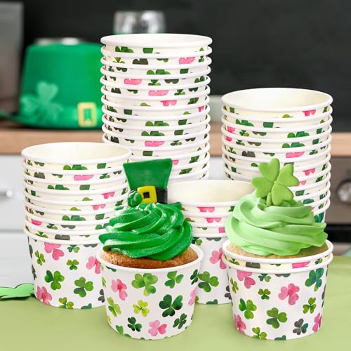 JarThenaAMCS 50 Packs St. Patrick's Day Shamrock Paper Bowl 9oz Snack Ice Cream Soup Dessert Cups Watercolor Pink Green Clover Disposable Bowls for Irish Holiday Party Supplies