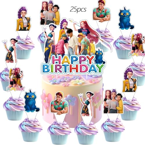 25pcs K POP Demon movie Hunters Cake Decorations with 24pcs Cupcake Toppers 1pcs Cake Topper Birthday Party Supplies Birthday Celebrations Party Supplies