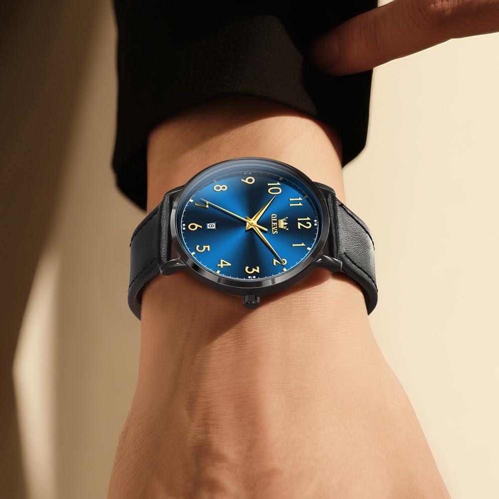 OLEVS Mens Watches, Casual Leather Watches for Men Easy to Read Quartz Number Watch with Date Waterproof Blue/Black/Silver Face Men's Wrist Watches…