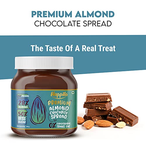 Image of Happilo Premium Almond Chocolate Spread, Delicious and Low-Carb Chocolate Spread with Goodness of California Almonds, High Protein Low Sugar Sweet Dessert, Smooth & Creamy Guilt-Free Diet Snack, No Cholesterol and Trans-Fat, 200g