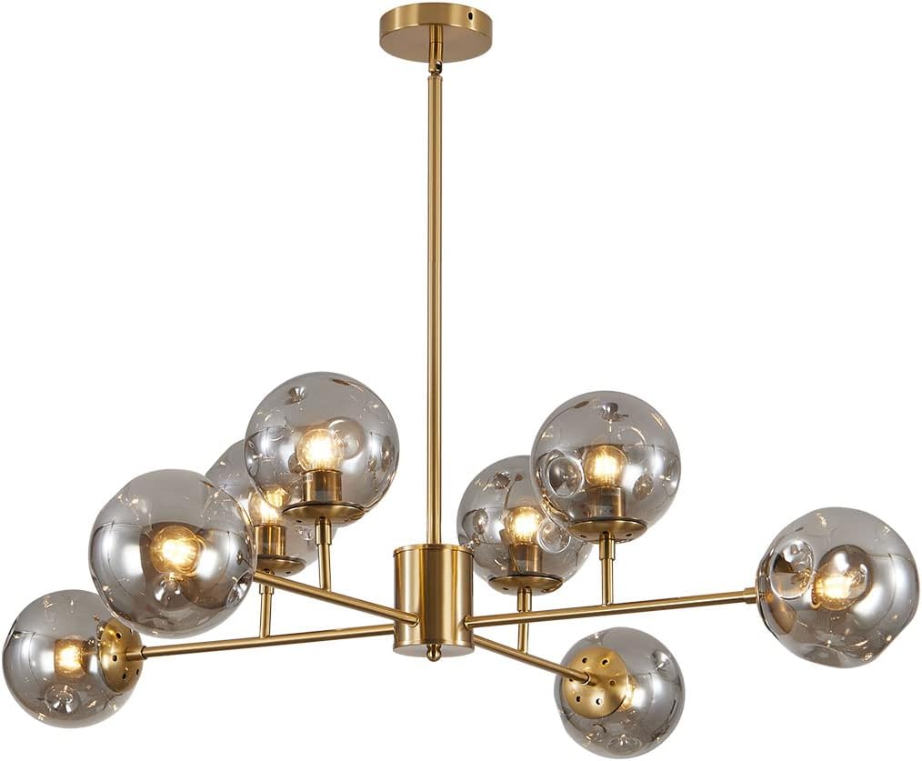 BOKT Mid Century Brushed Brass Chandelier Modern 8-Lights Gold Globe Sputnik Chandelier Unique Smoke Gray Glass Ball Chandelier Pendant Light Gold Large Flush Mount Ceiling Light