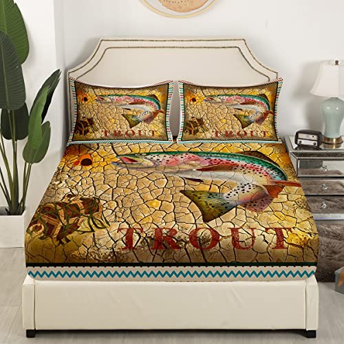 Kids Fish Bed Sheet Set Rustic Trout Fishing Sheets Set For Women Men Farmhouse Decor Bedding Set Vintage Bed Set With Deep Pocket Fitted Sheet Bedroom 3Pcs Full Size #TOP3