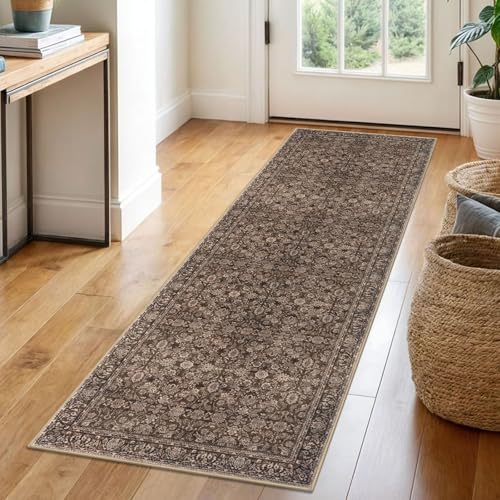 2x6 Rust Washable Runner Rug for Hallways, Soft Neutral Vintage Kitchen Rugs with Non-Slip, Non-Shedding Distressed Floral Rug for Bedroom Kitchen Porch Laundry Entryway