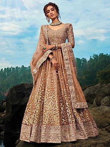 Image of Zeel Clothing Women's Net Semi Stitched Dori & Sequins Embroidered Lehenga Choli With Dupatta Salwar Suit Material (3600-Designer-Wedding-Bridal-Latest-New)